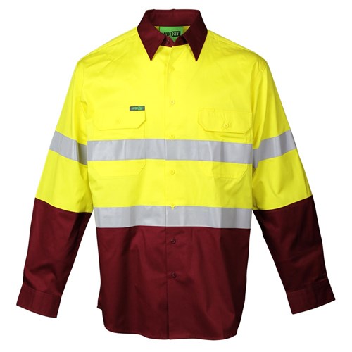 WORKIT Hi-Vis Lightweight Long Sleeve Taped Shirt Yellow/Maroon 2XL